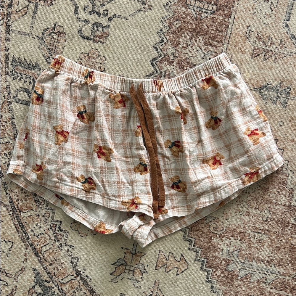 Cozy Plaid Bear Print Lounge Shorts - Beige & Brown